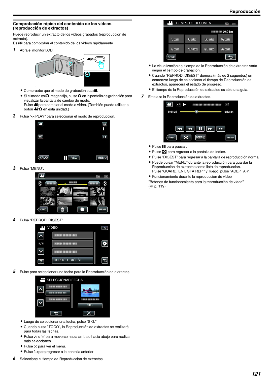 JVC GZ-EX210 manual 121, Puede pulsar Menu durante la reproducción para guardar la, Pulse REPROD. Digest 