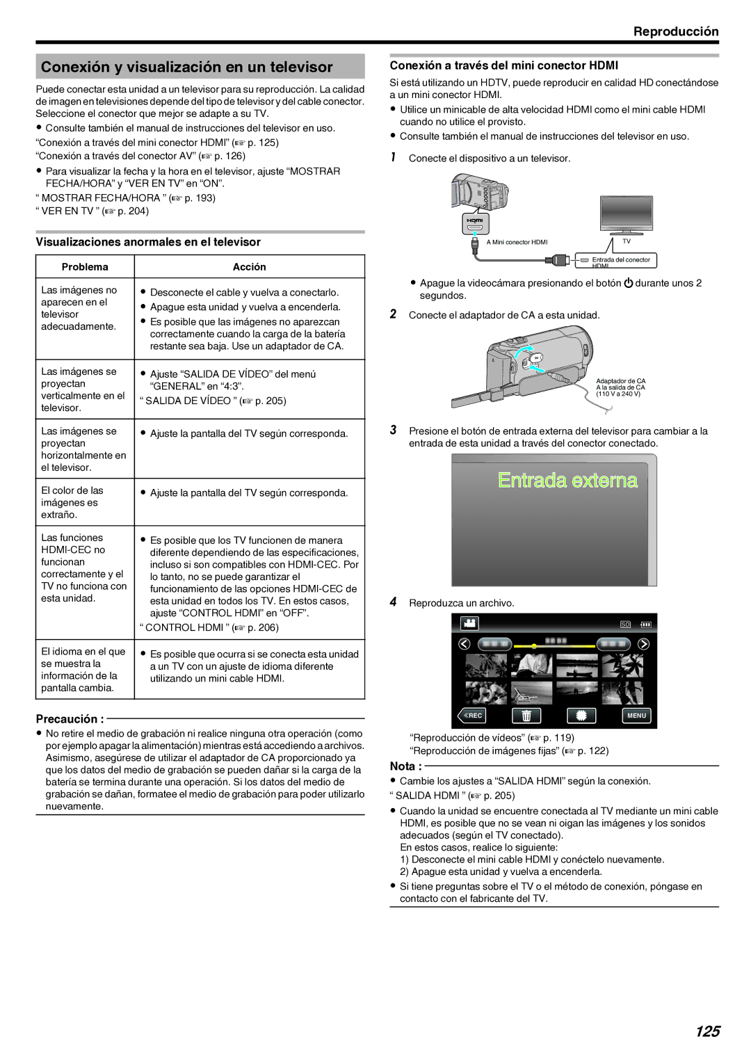 JVC GZ-EX210 manual Conexión y visualización en un televisor, 125, Visualizaciones anormales en el televisor 