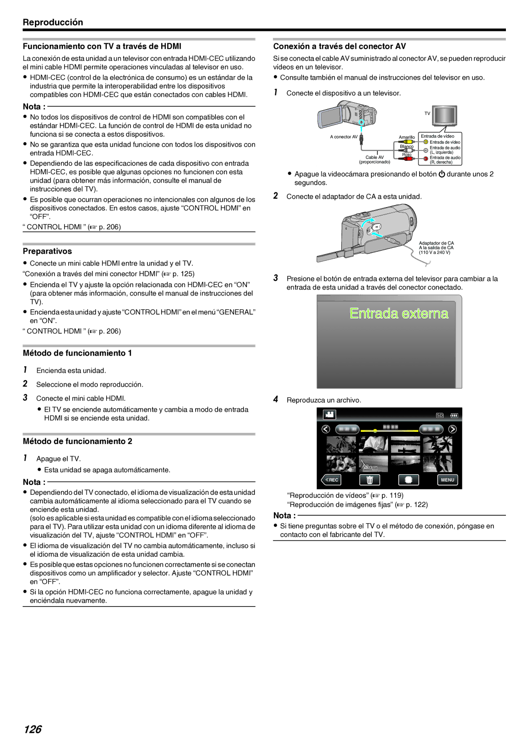 JVC GZ-EX210 manual 126, Funcionamiento con TV a través de Hdmi, Preparativos, Conexión a través del conector AV 