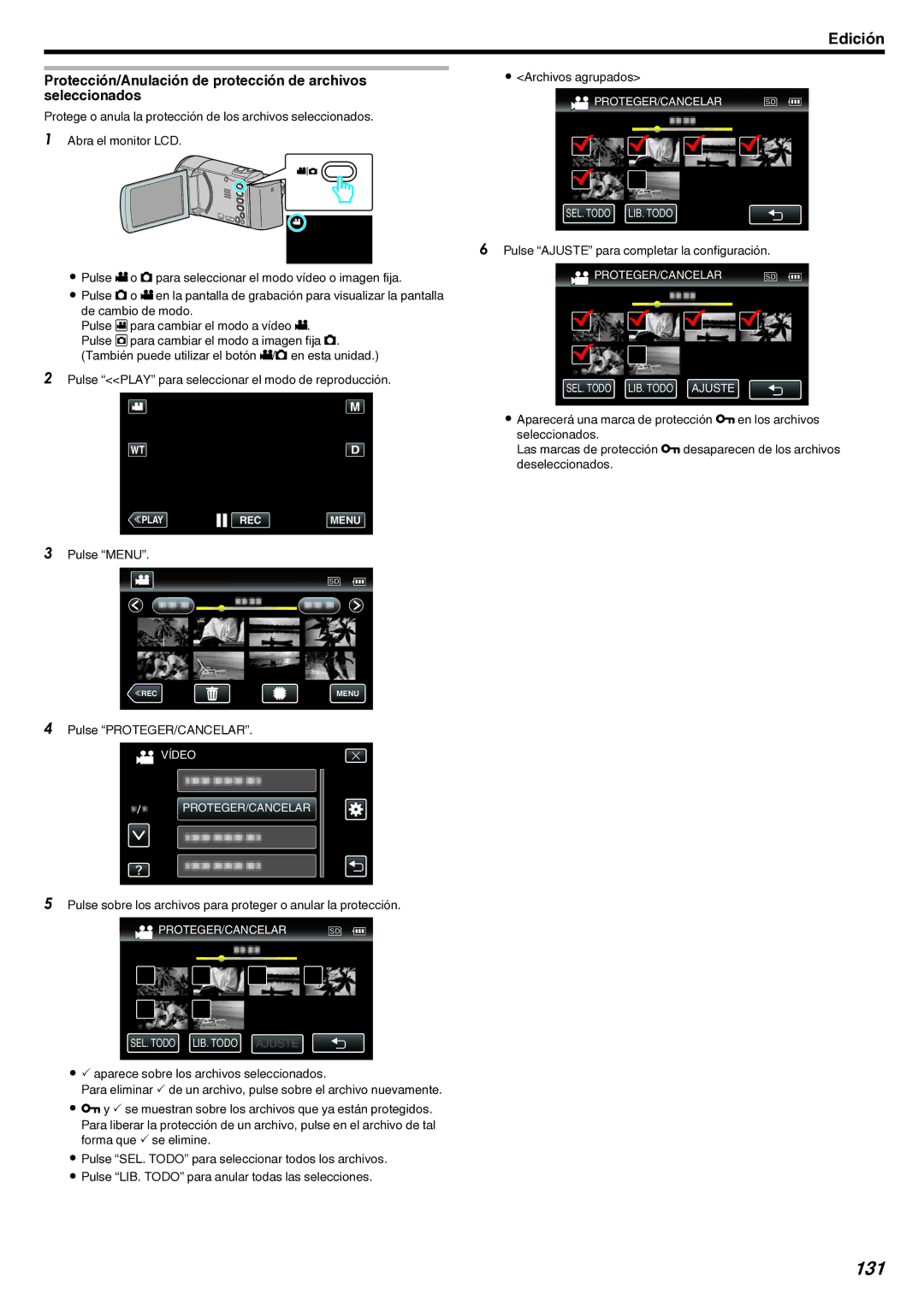JVC GZ-EX210 manual 131, PROTEGER/CANCELAR SEL. Todo LIB. Todo Ajuste 