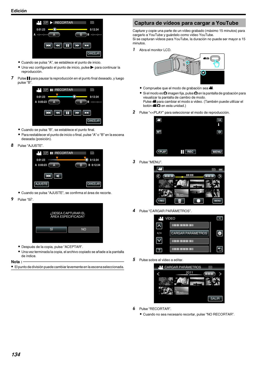 JVC GZ-EX210 manual Captura de vídeos para cargar a YouTube, 134, Pulse Cargar Parámetros 