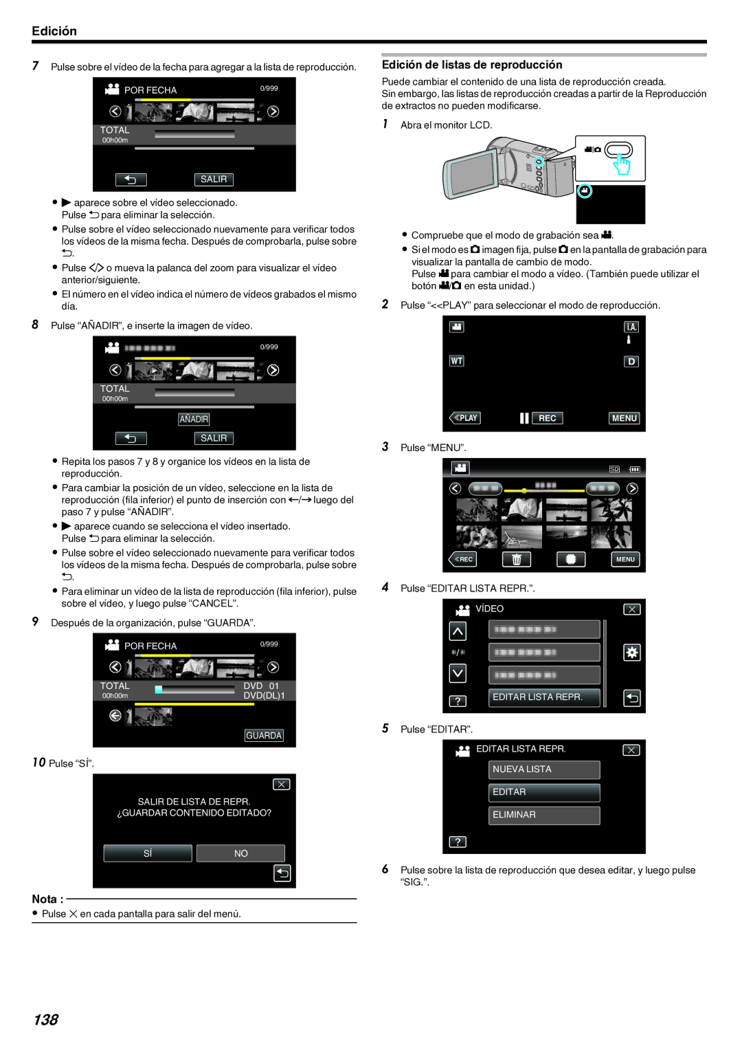 JVC GZ-EX210 manual 138, Edición de listas de reproducción 