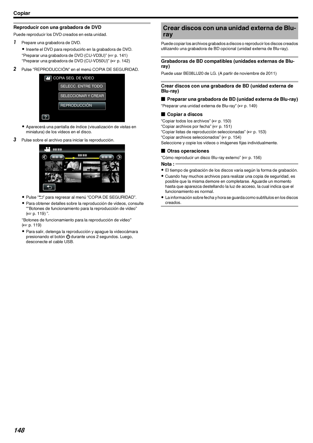 JVC GZ-EX210 manual Crear discos con una unidad externa de Blu- ray, 148, Reproducir con una grabadora de DVD 