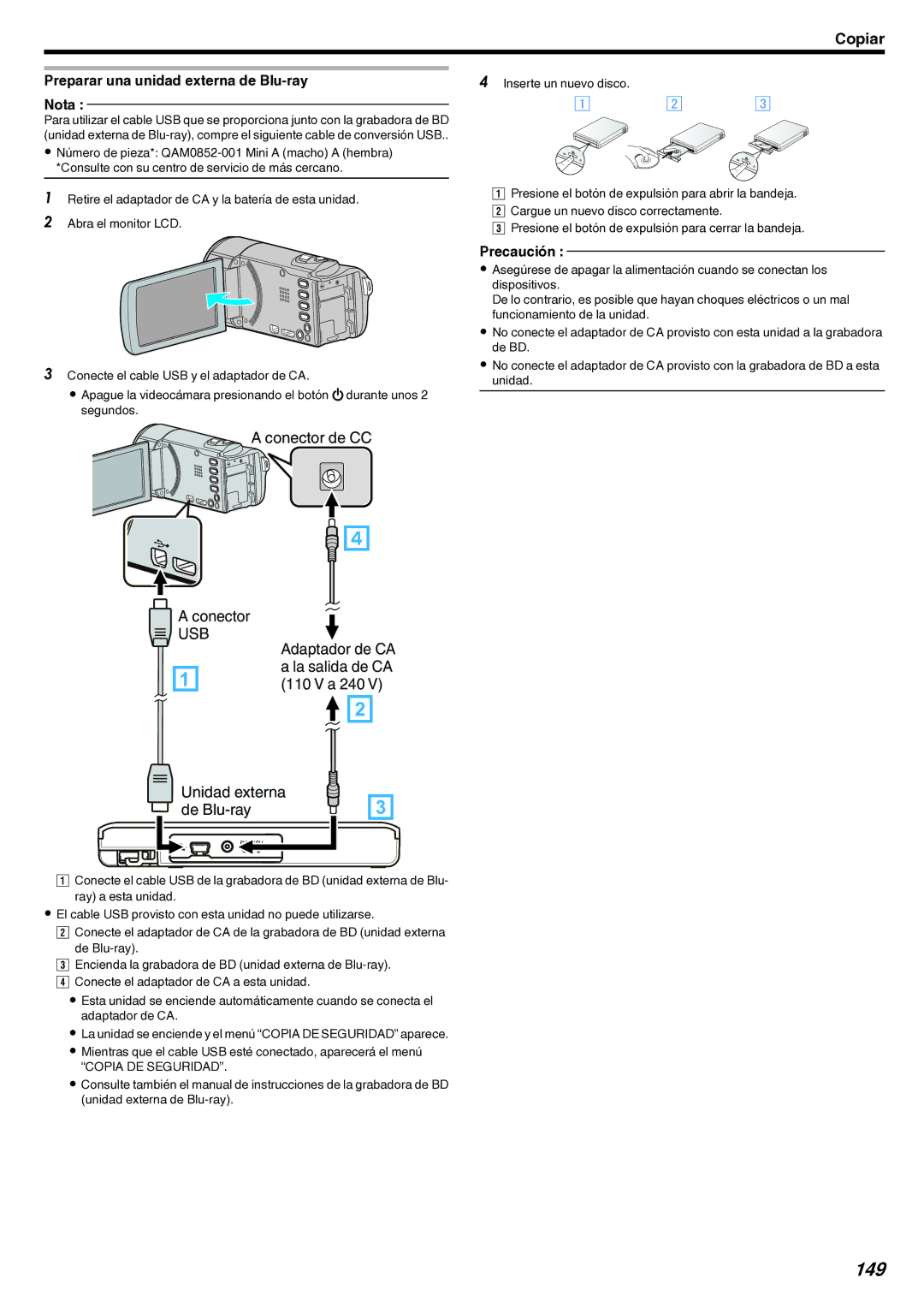 JVC GZ-EX210 manual 149, Preparar una unidad externa de Blu-ray Nota 