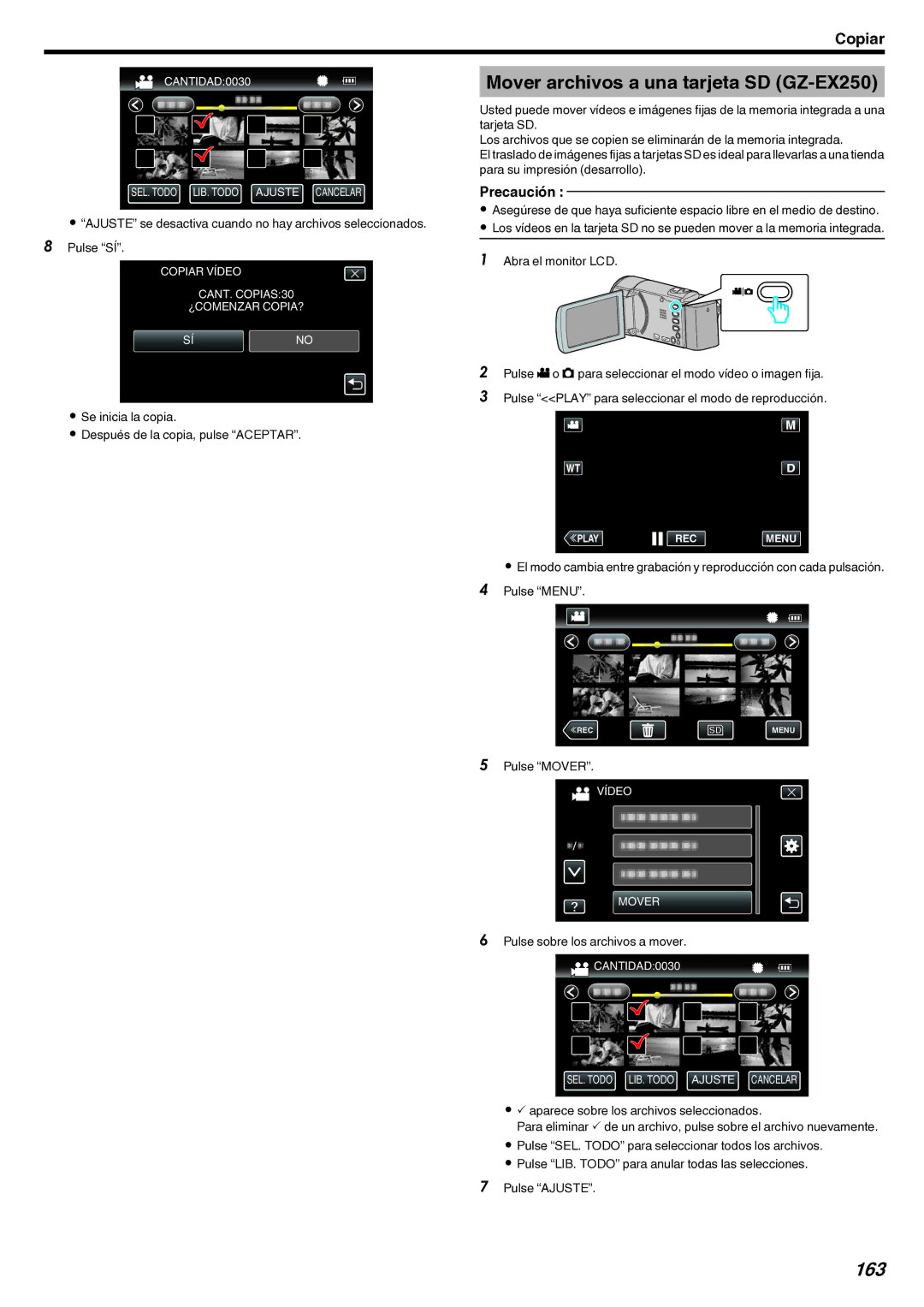 JVC GZ-EX210 manual Mover archivos a una tarjeta SD GZ-EX250, 163, Se inicia la copia Después de la copia, pulse Aceptar 