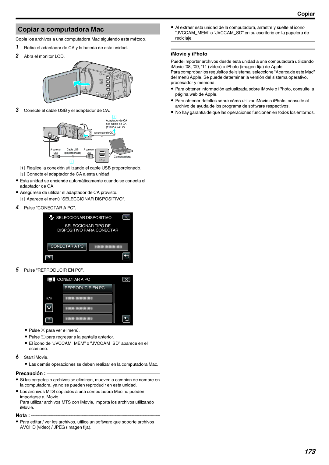 JVC GZ-EX210 manual Copiar a computadora Mac, 173, IMovie y iPhoto 