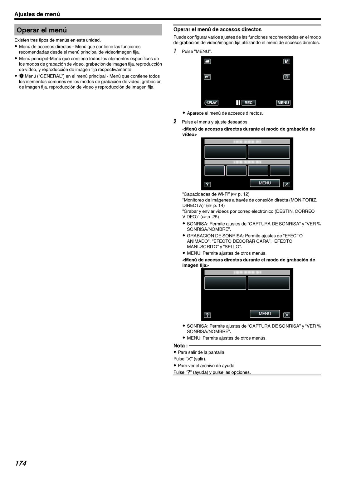 JVC GZ-EX210 manual 174, Operar el menú de accesos directos, Existen tres tipos de menús en esta unidad, Sonrisa/Nombre 