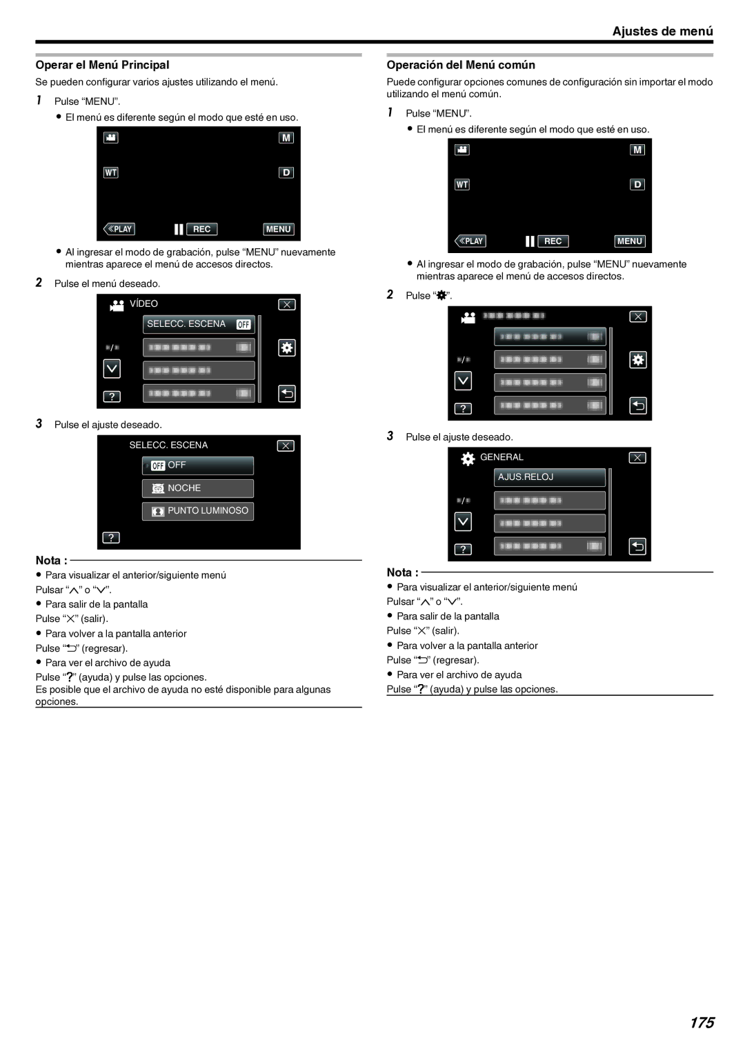 JVC GZ-EX210 manual 175, Operar el Menú Principal, Operación del Menú común 