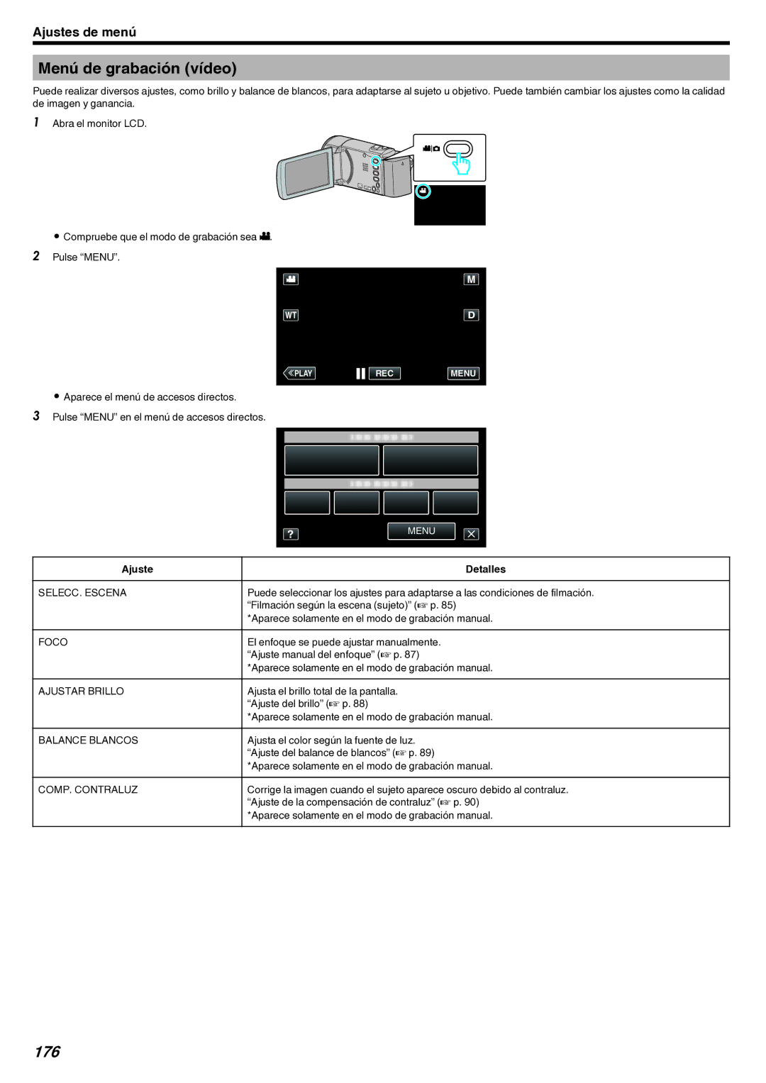 JVC GZ-EX210 manual Menú de grabación vídeo, 176 