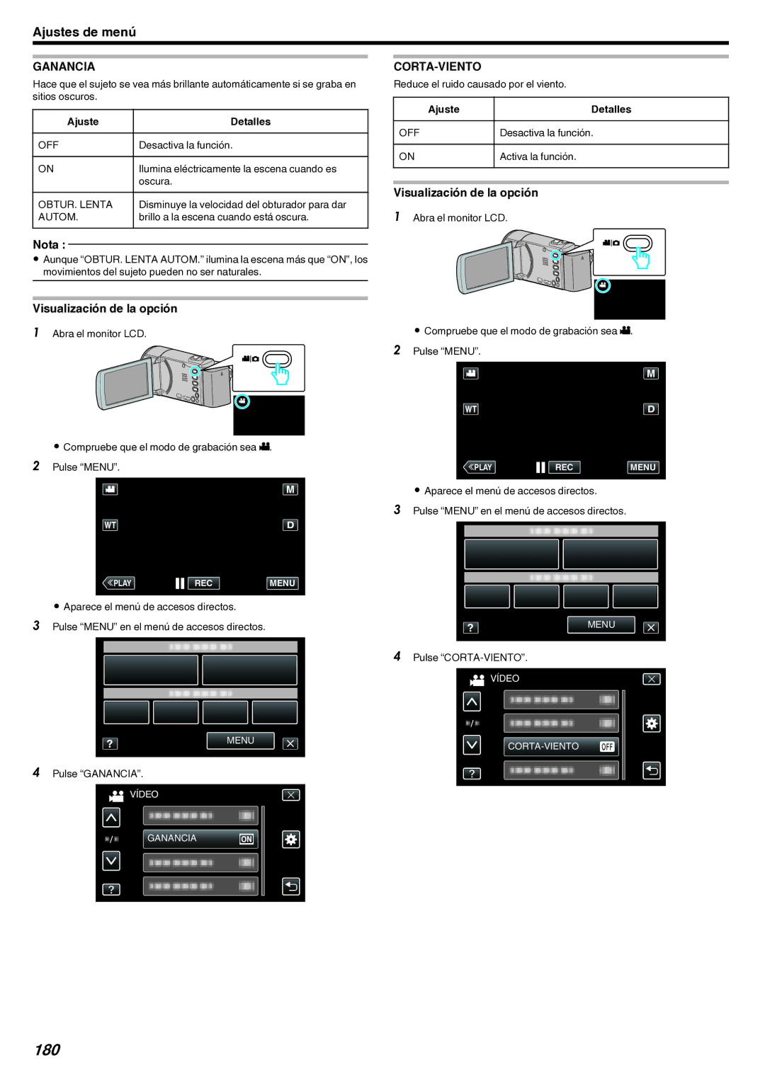 JVC GZ-EX210 manual 180, Ganancia, Corta-Viento, OBTUR. Lenta, Autom 