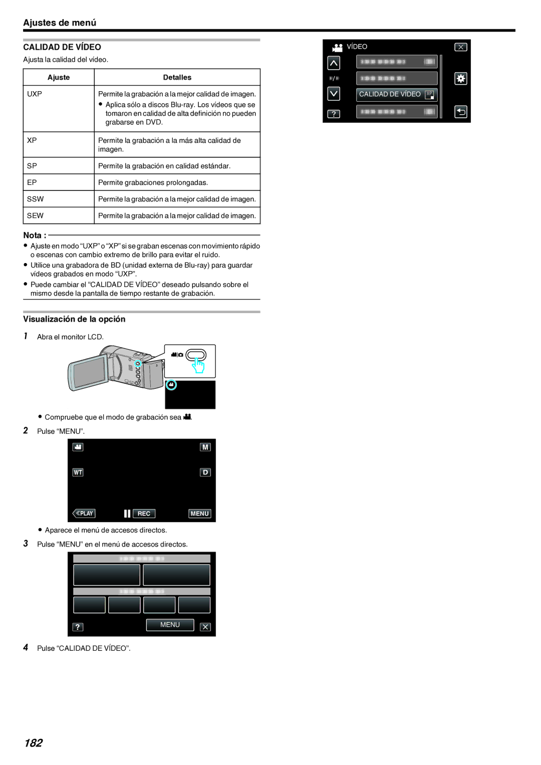 JVC GZ-EX210 manual 182, Calidad DE Vídeo, Uxp, Ssw, Sew 