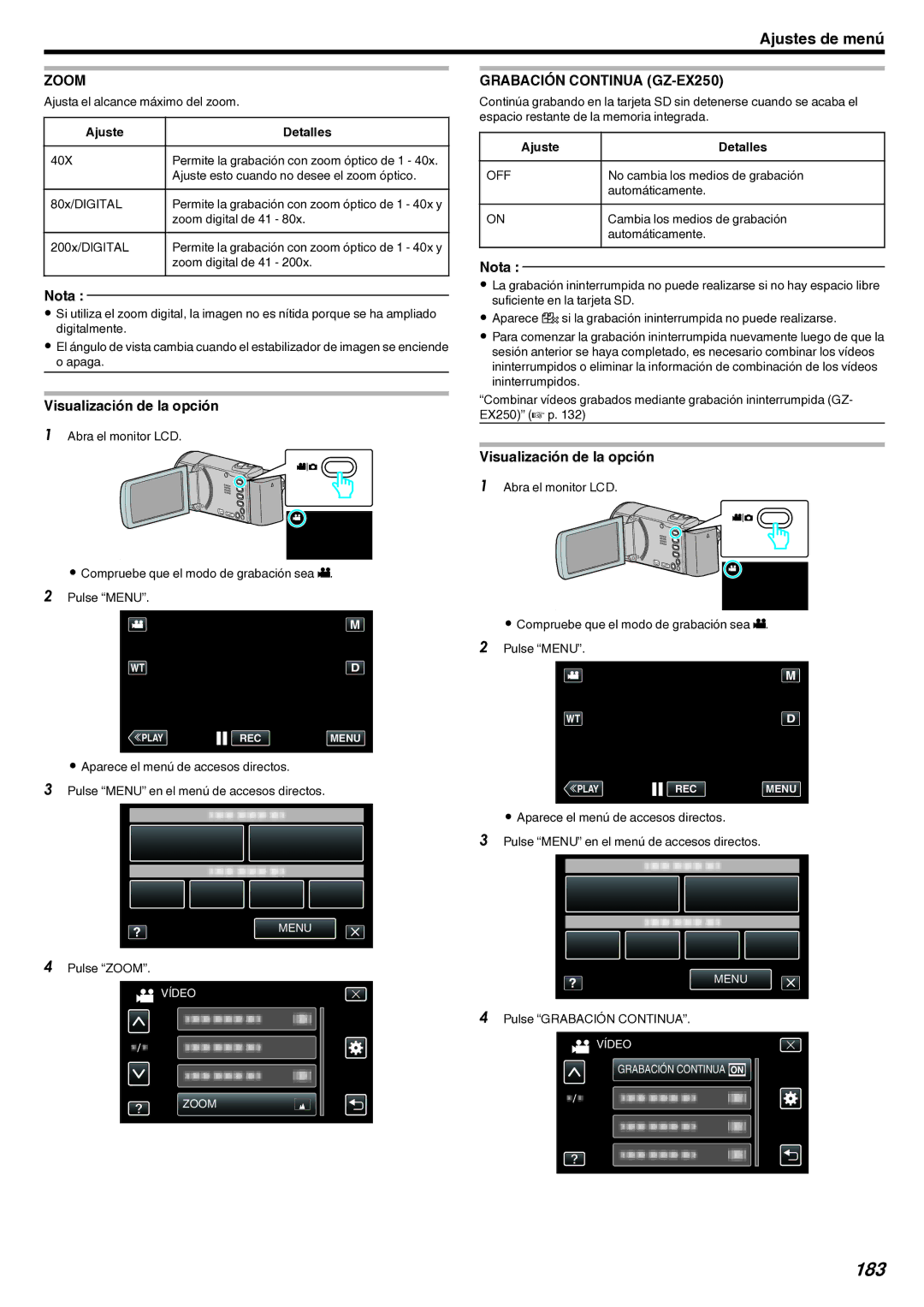 JVC GZ-EX210 manual 183, Zoom, Grabación Continua GZ-EX250 