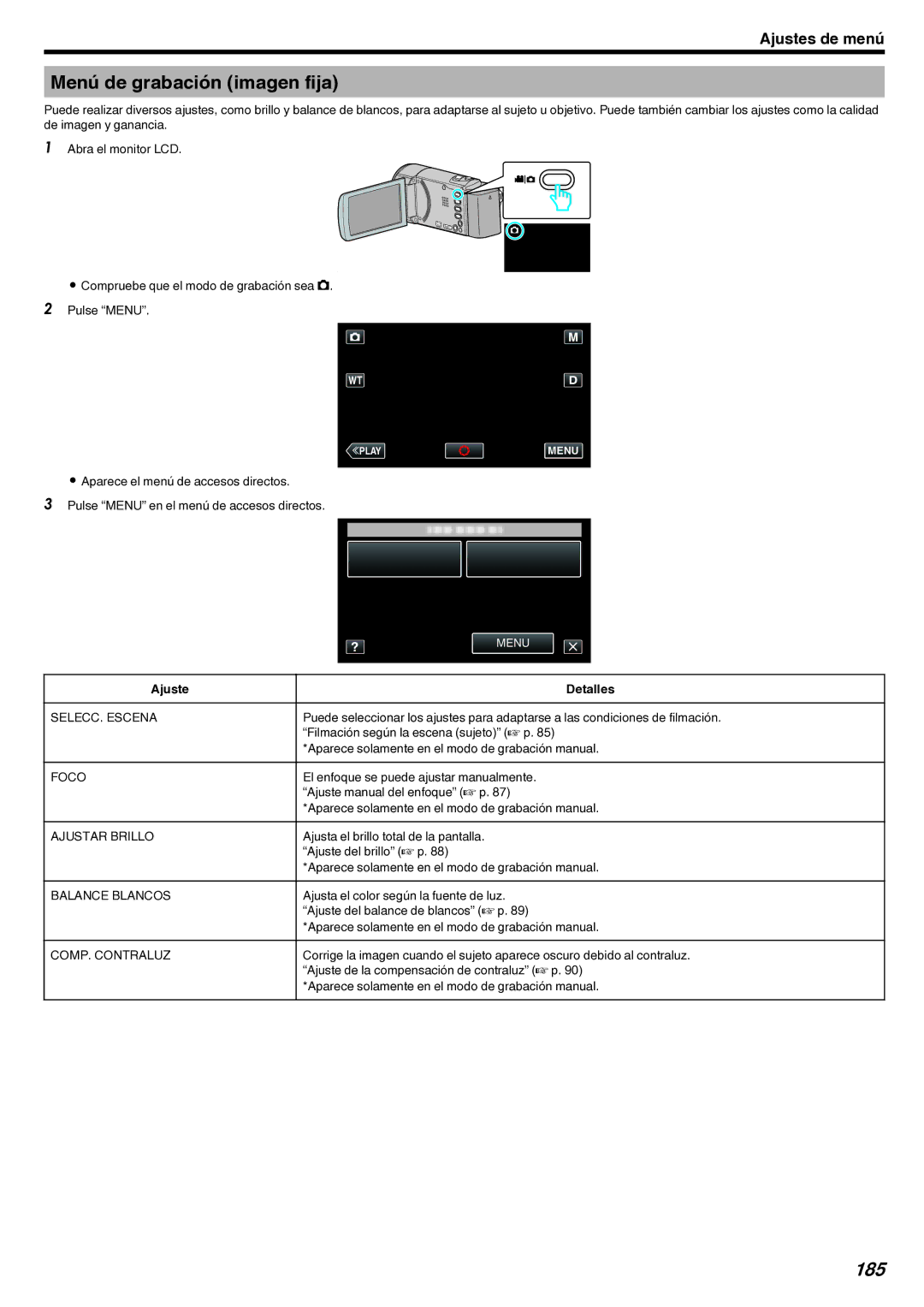 JVC GZ-EX210 manual Menú de grabación imagen fija, 185 