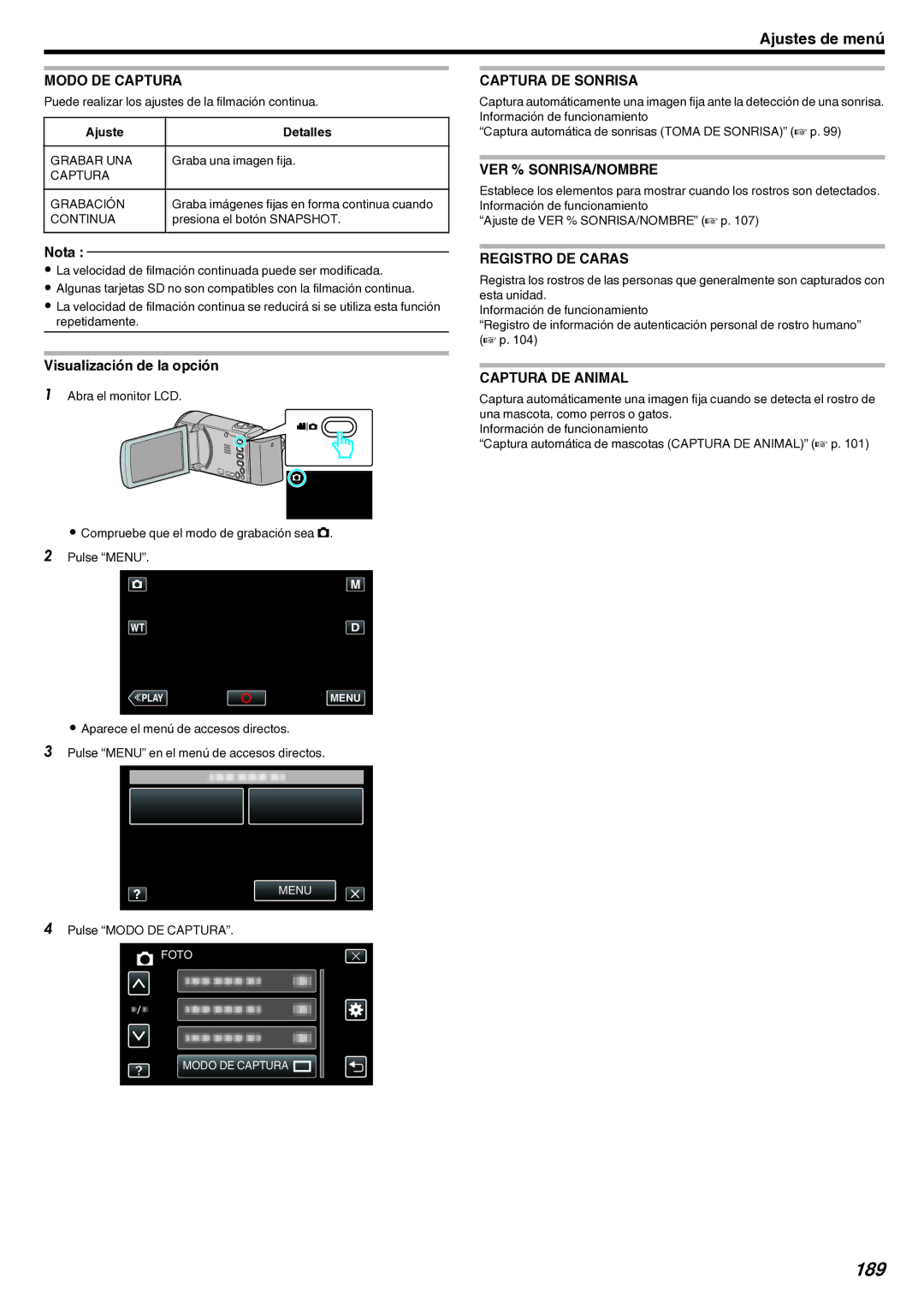 JVC GZ-EX210 manual 189, Modo DE Captura, Grabar UNA, Captura Grabación 