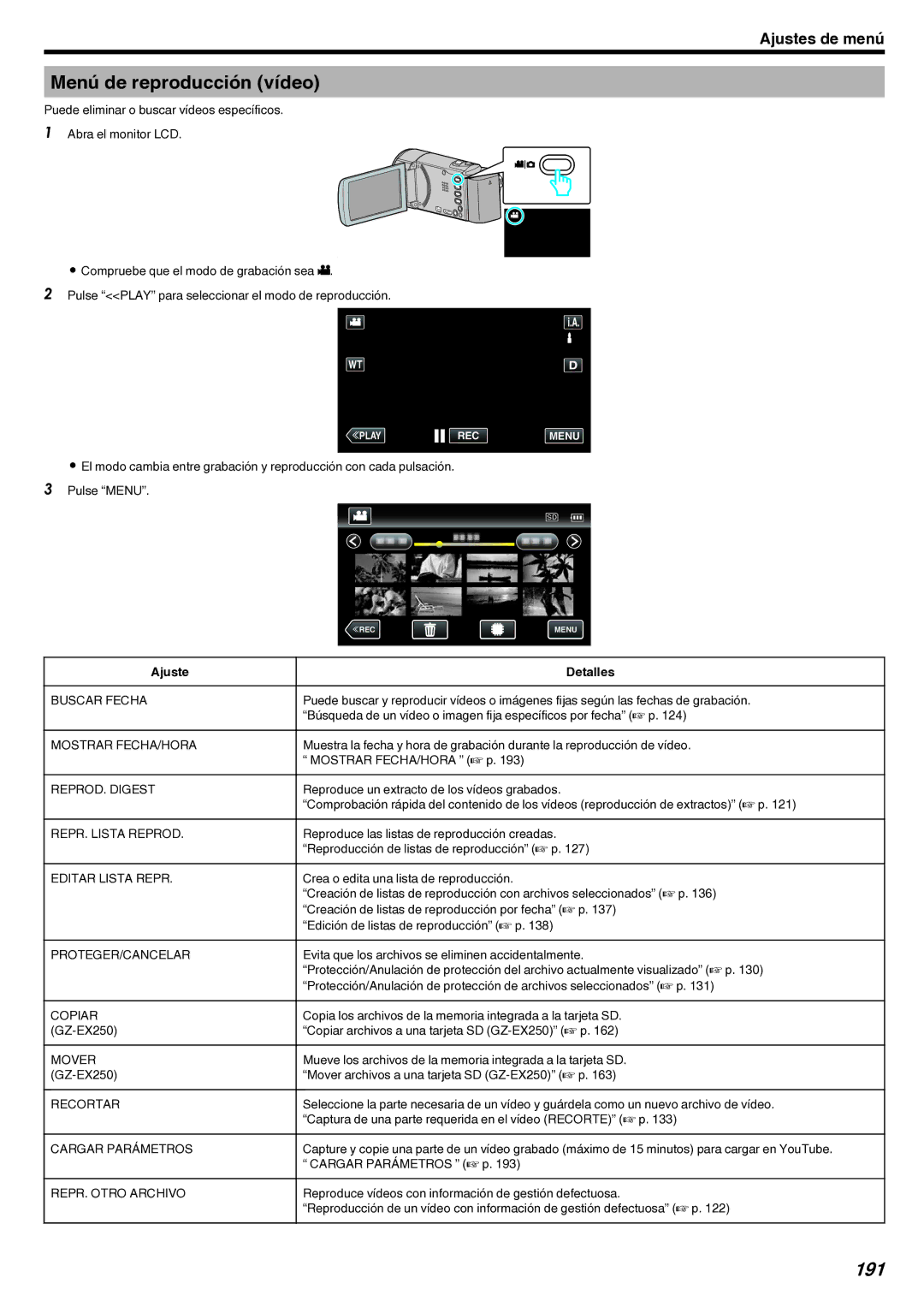 JVC GZ-EX210 manual Menú de reproducción vídeo, 191 