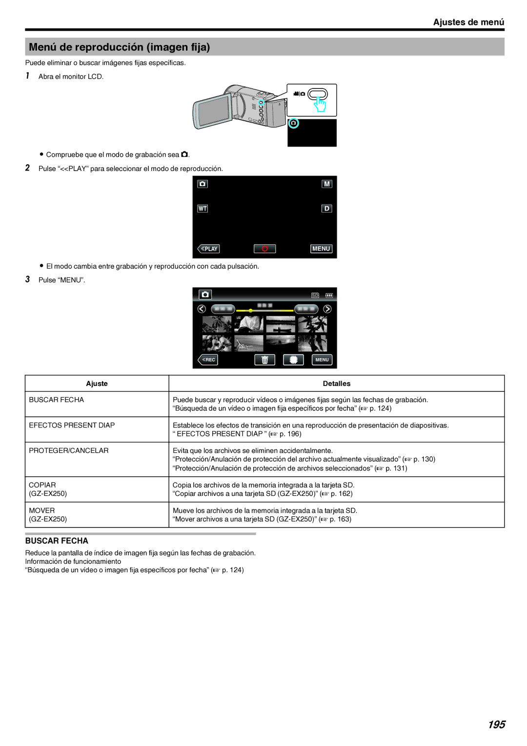 JVC GZ-EX210 manual Menú de reproducción imagen fija, 195, Efectos Present Diap 