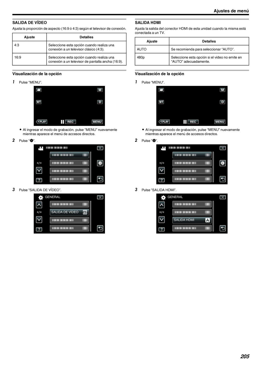 JVC GZ-EX210 manual 205, Salida DE Vídeo, Salida Hdmi 