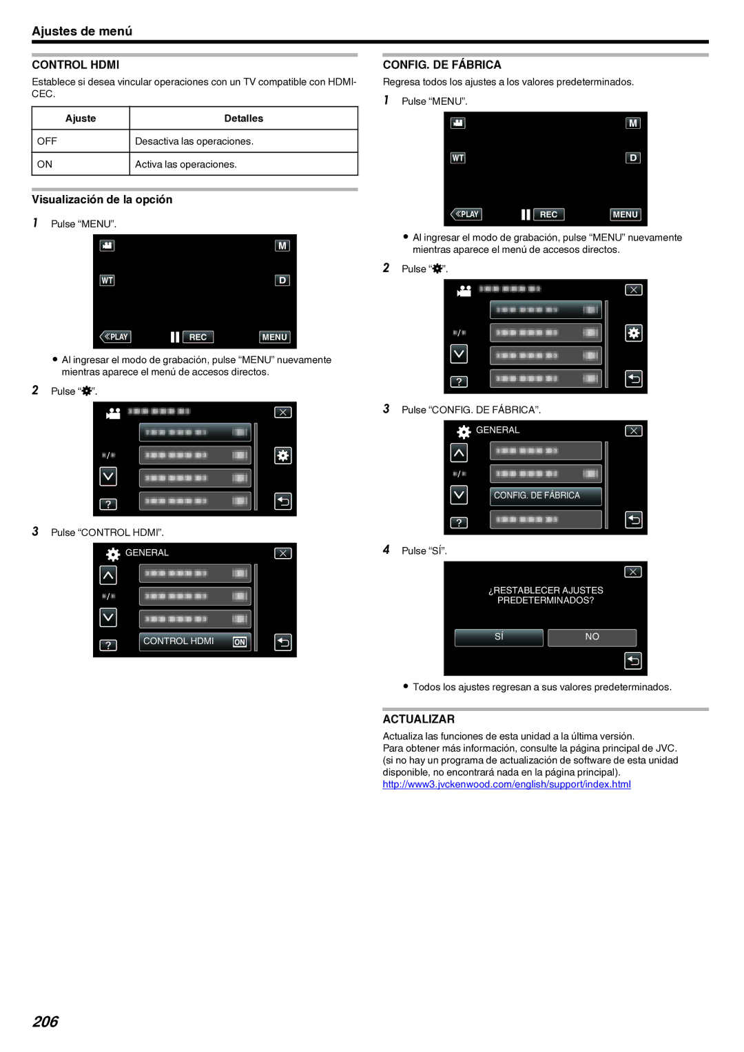 JVC GZ-EX210 manual 206, Control Hdmi, CONFIG. DE Fábrica, Actualizar 