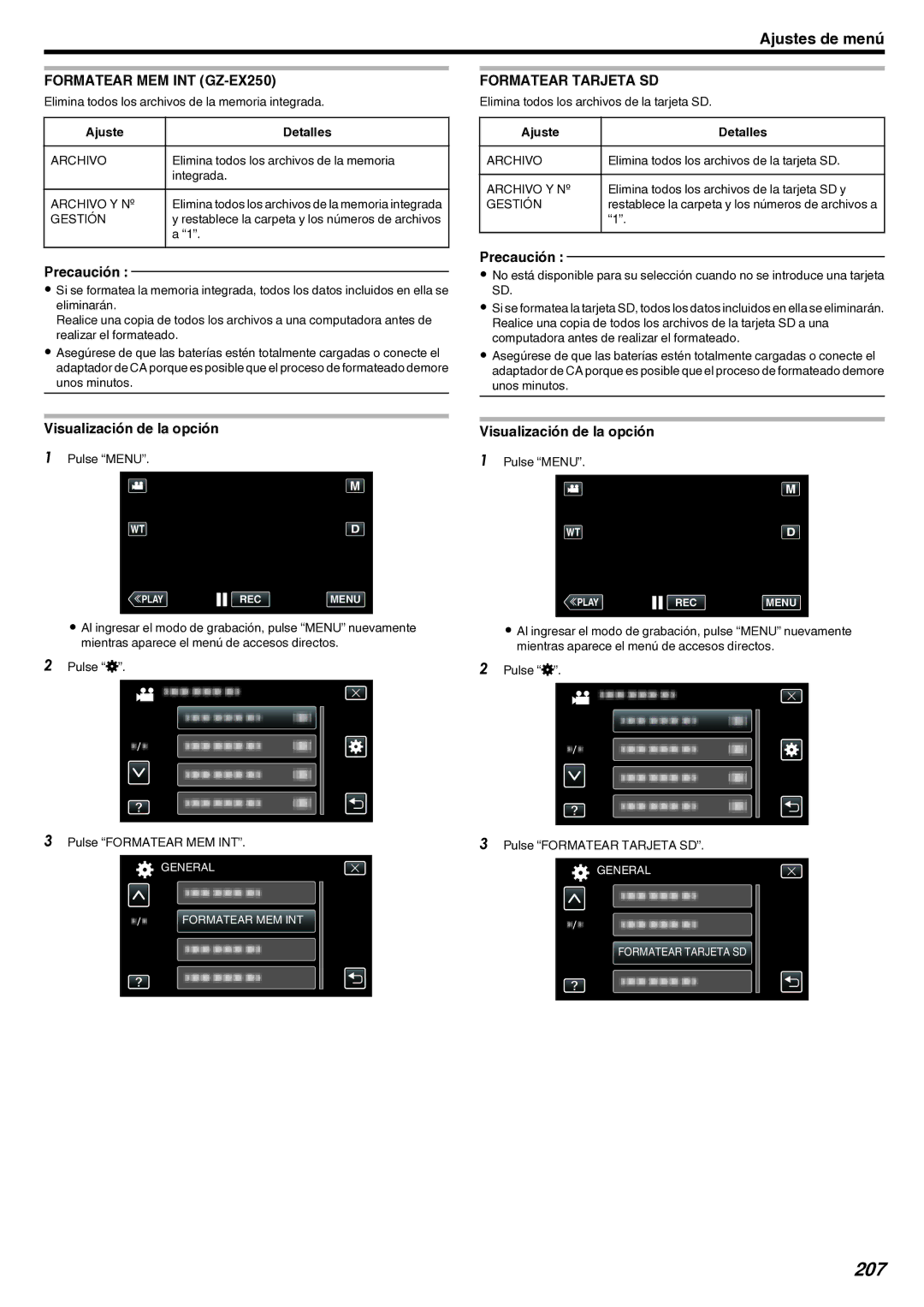 JVC GZ-EX210 manual 207, Formatear MEM INT GZ-EX250, Formatear Tarjeta SD, Archivo, Gestión 
