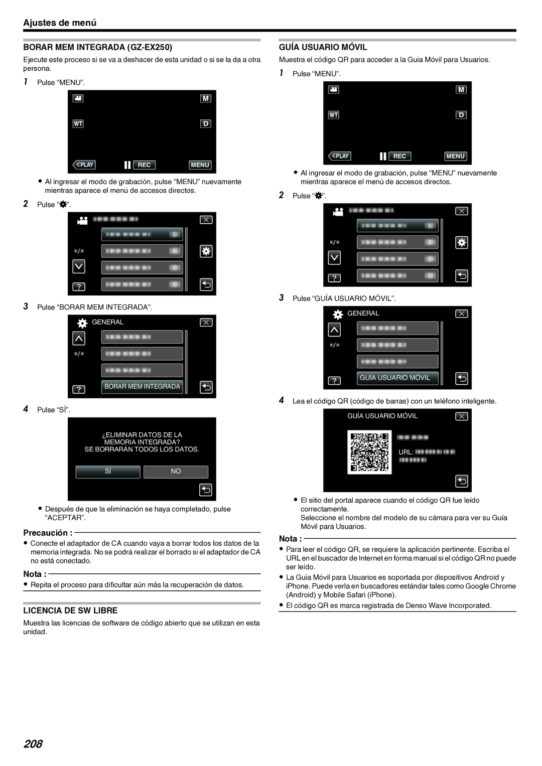 JVC GZ-EX210 manual 208, Borar MEM Integrada GZ-EX250, Licencia DE SW Libre, Guía Usuario Móvil 
