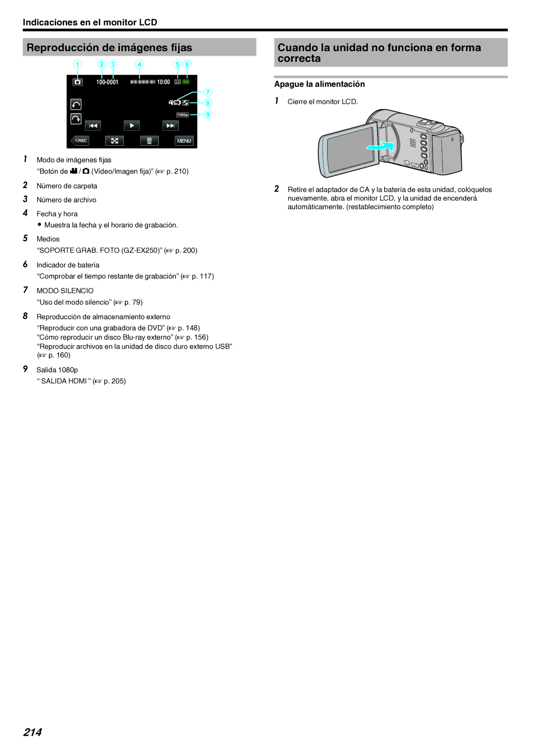 JVC GZ-EX210 manual Cuando la unidad no funciona en forma correcta, 214, Apague la alimentación 