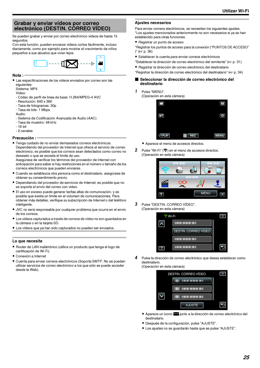 JVC GZ-EX210 manual Pulse DESTIN. Correo VÍDEO. Operación en esta cámara 