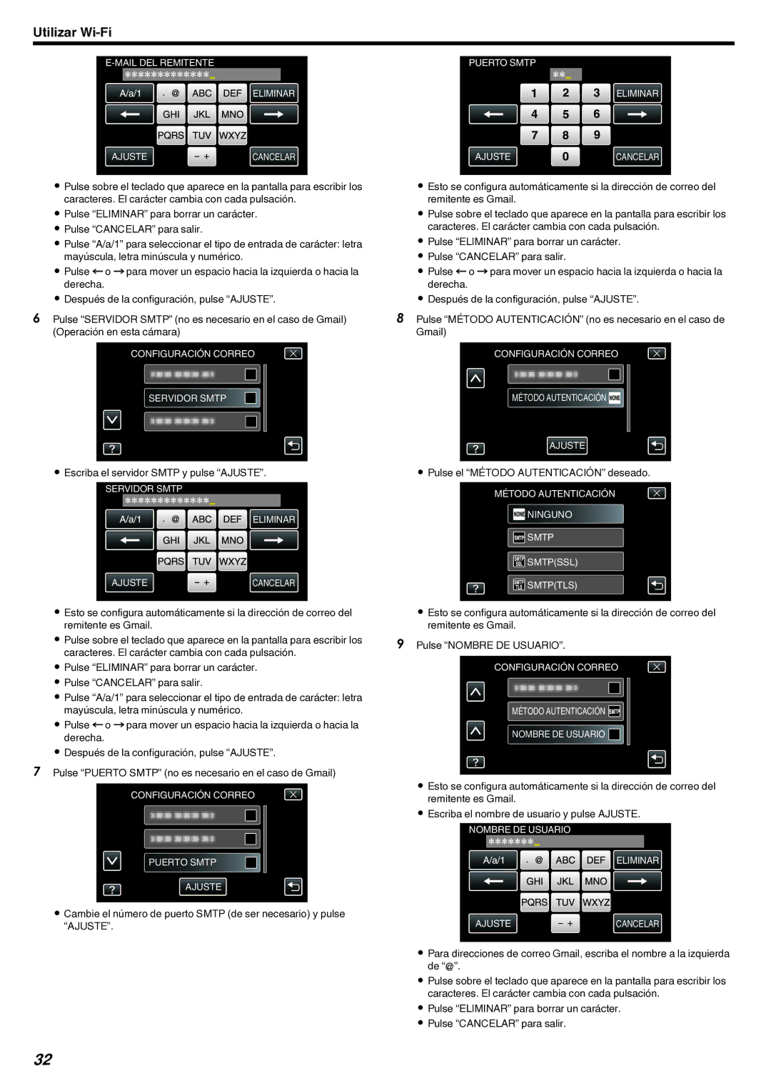 JVC GZ-EX210 manual Escriba el servidor Smtp y pulse Ajuste, Pulse el Método Autenticación deseado 