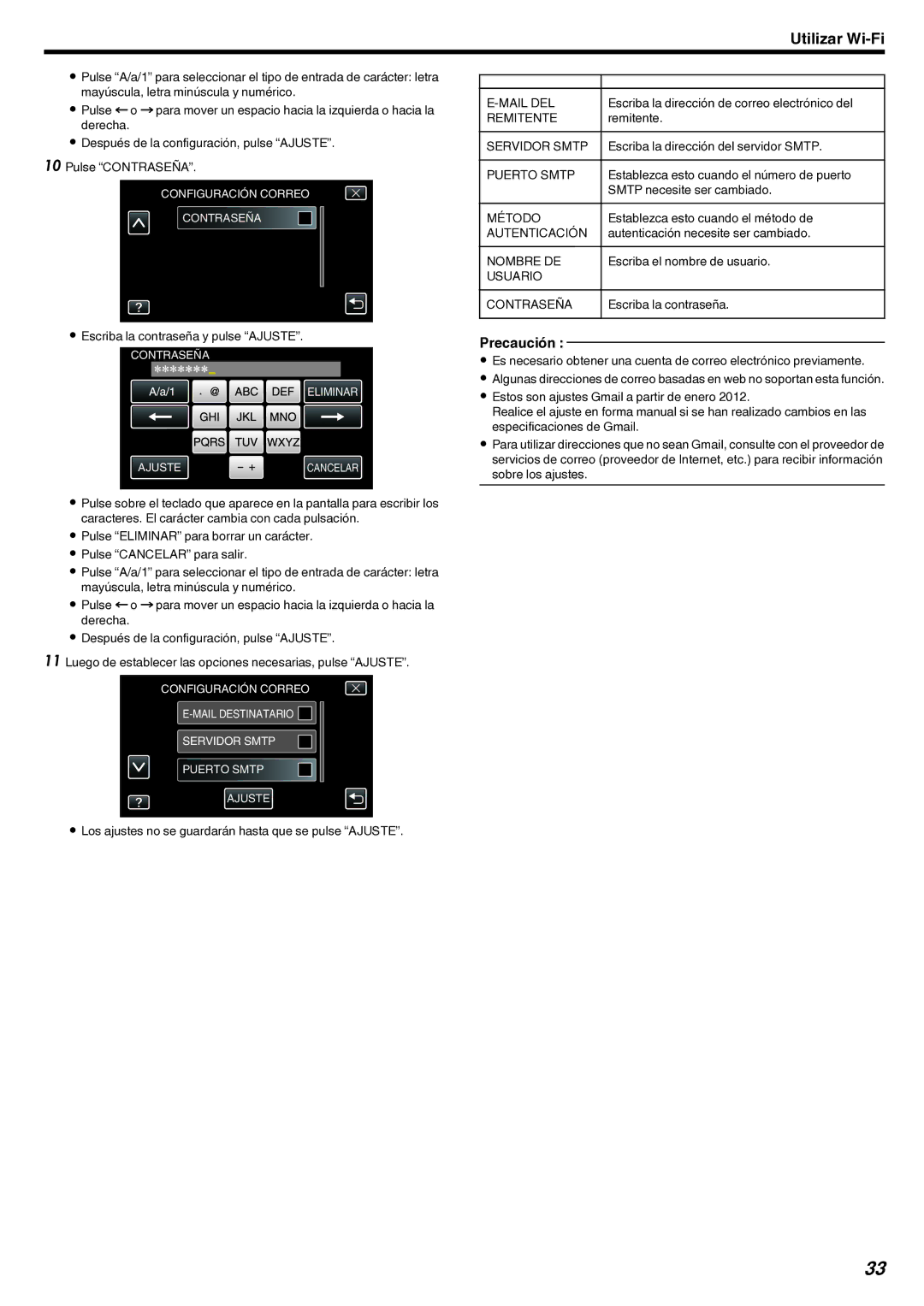 JVC GZ-EX210 manual Mail DEL, Remitente, Servidor Smtp, Puerto Smtp, Método, Autenticación, Nombre DE, Usuario Contraseña 