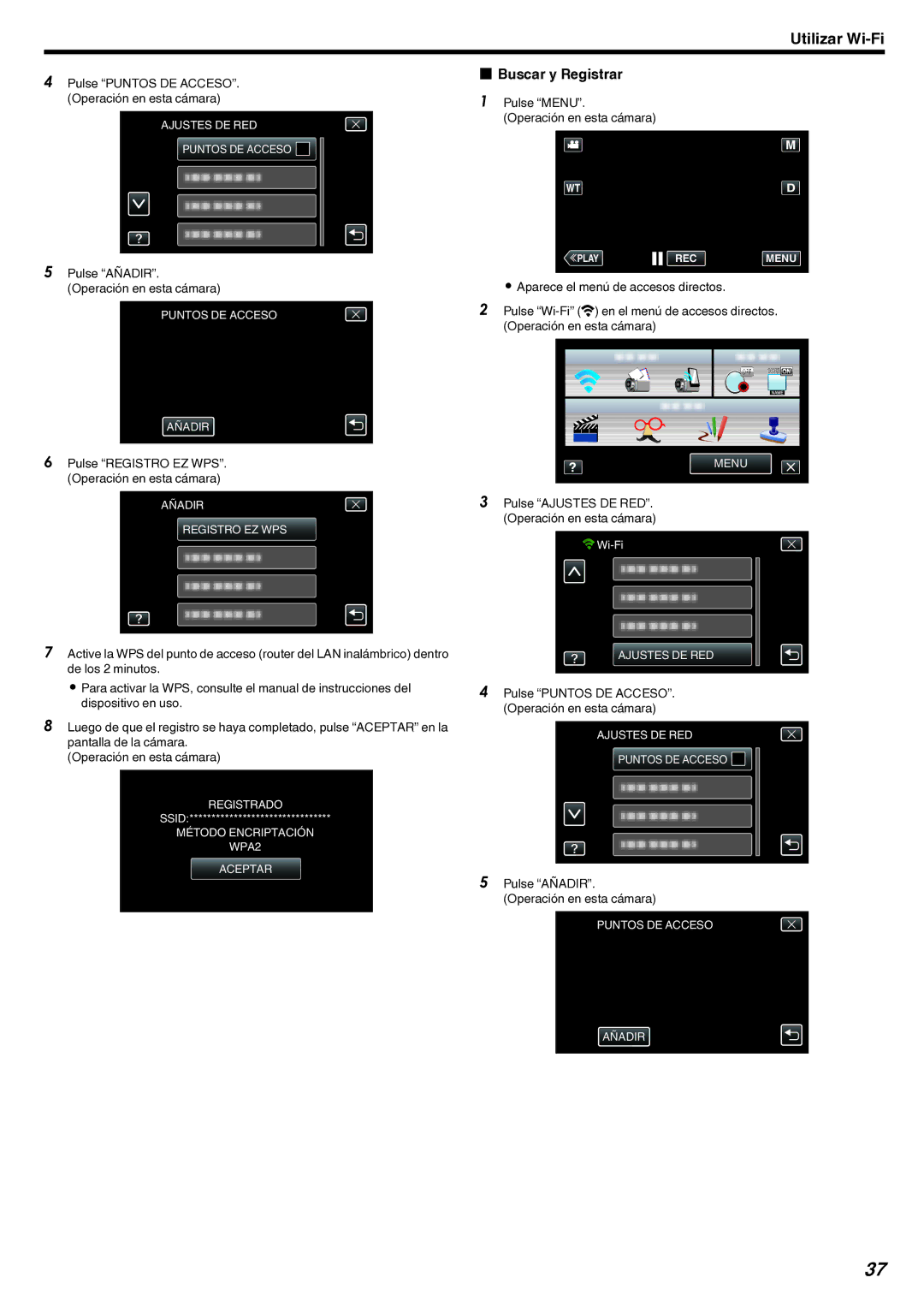 JVC GZ-EX210 manual Buscar y Registrar, Pulse Puntos DE ACCESO. Operación en esta cámara 