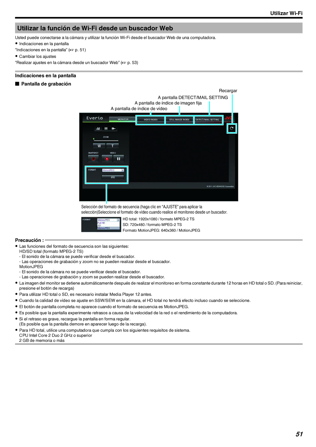 JVC GZ-EX210 manual Utilizar la función de Wi-Fi desde un buscador Web, Indicaciones en la pantalla Pantalla de grabación 