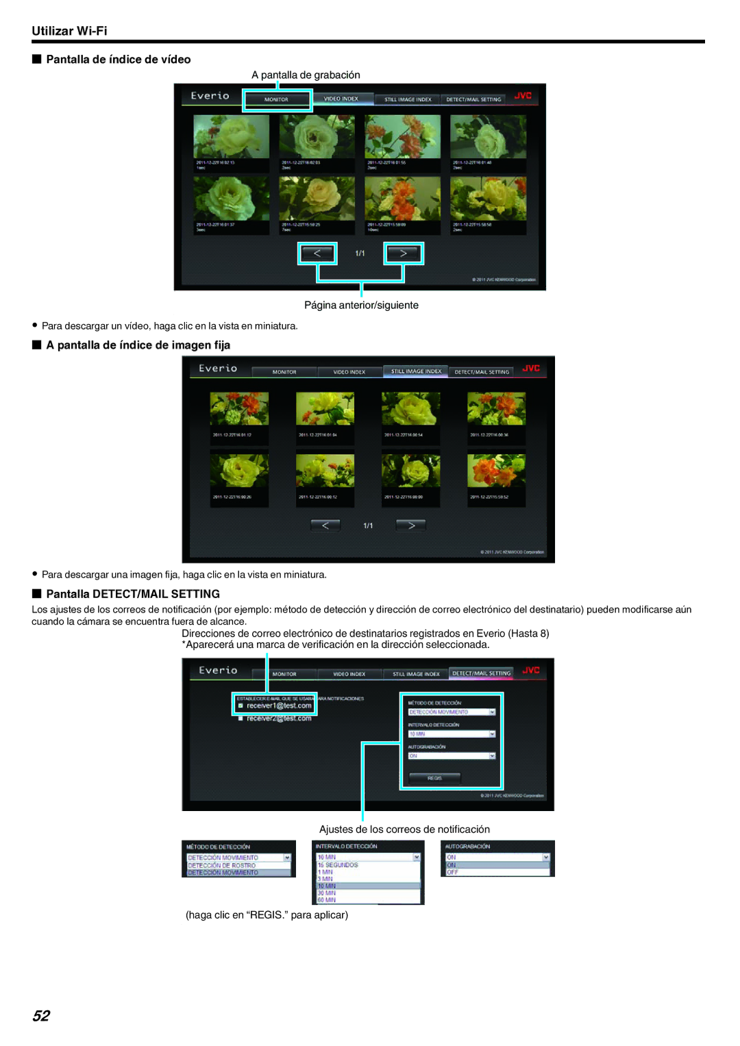 JVC GZ-EX210 manual Pantalla de índice de vídeo, Pantalla DETECT/MAIL Setting 