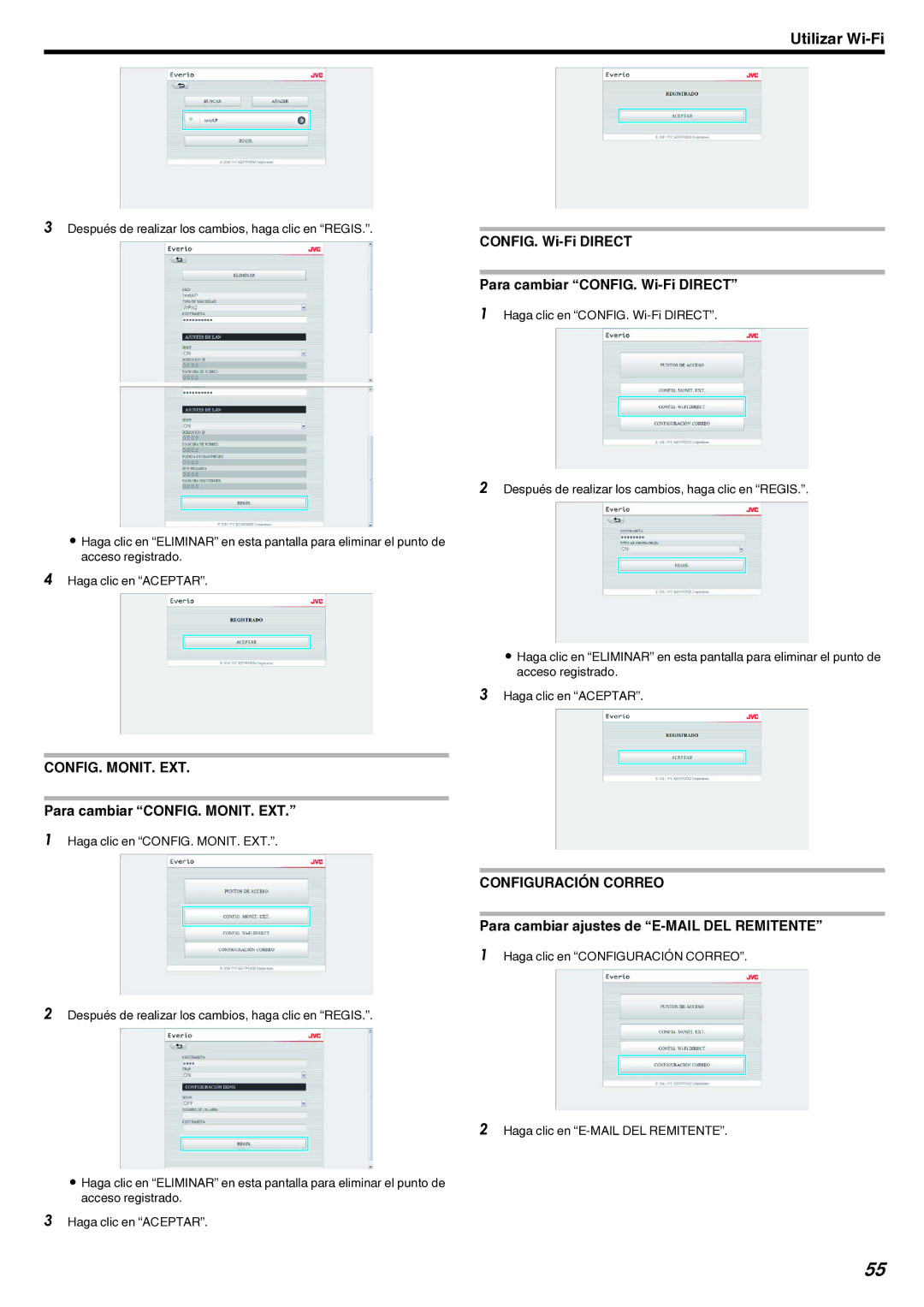 JVC GZ-EX210 Config. Monit. Ext, Para cambiar CONFIG. MONIT. EXT, CONFIG. Wi-Fi Direct Para cambiar CONFIG. Wi-Fi Direct 