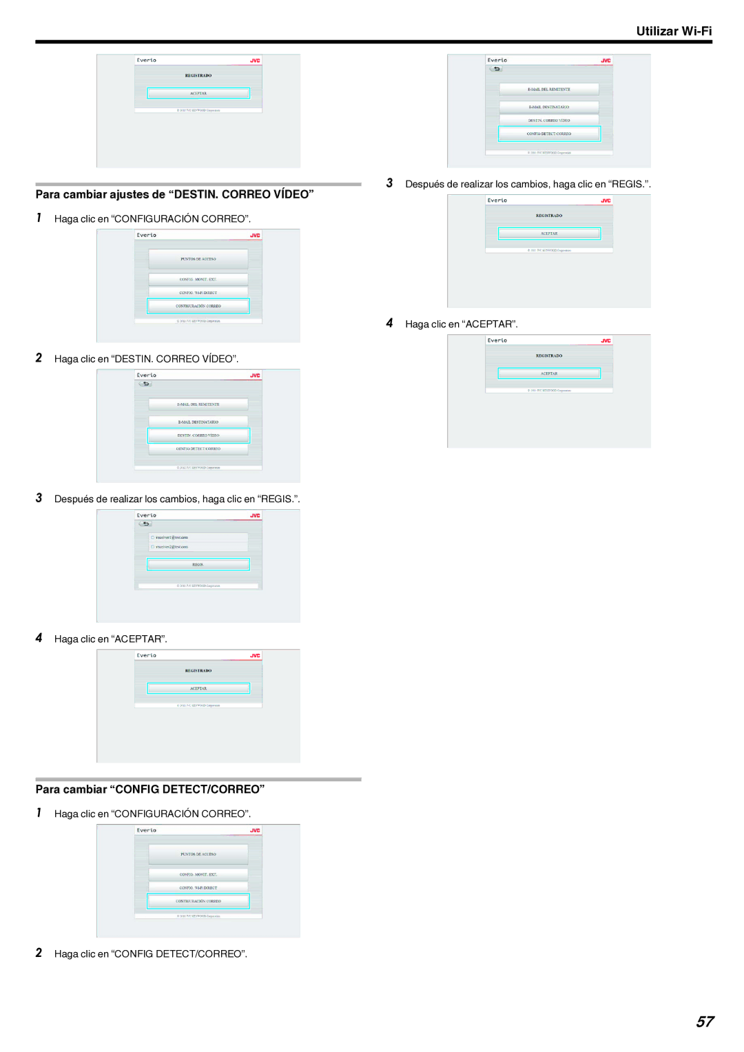 JVC GZ-EX210 manual Para cambiar ajustes de DESTIN. Correo Vídeo, Para cambiar Config DETECT/CORREO 