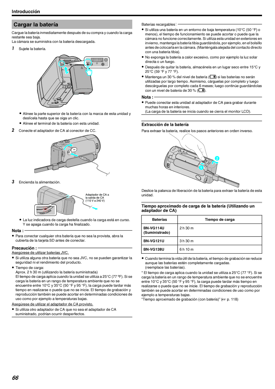 JVC GZ-EX210 manual Cargar la batería, Extracción de la batería 