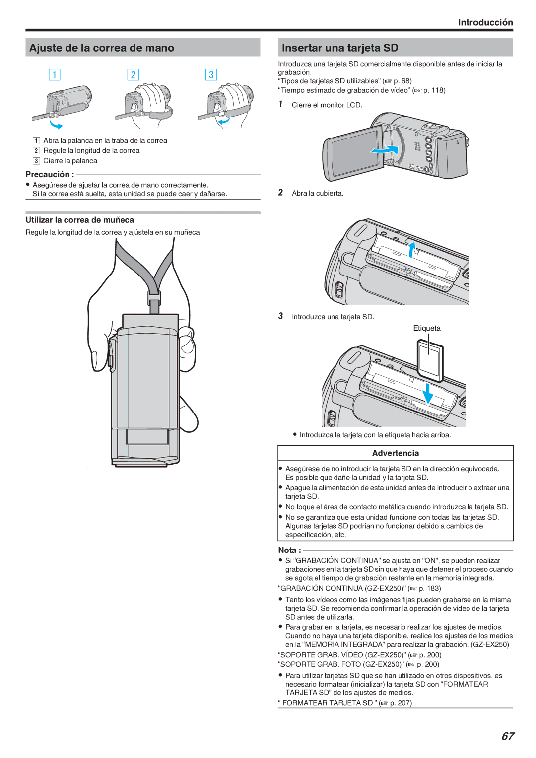 JVC GZ-EX210 manual Ajuste de la correa de mano, Insertar una tarjeta SD, Utilizar la correa de muñeca, Advertencia 