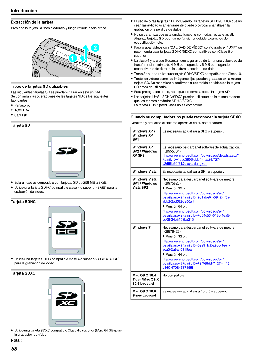 JVC GZ-EX210 manual Extracción de la tarjeta, Tipos de tarjetas SD utilizables, Tarjeta SD, Tarjeta Sdhc, Tarjeta Sdxc 