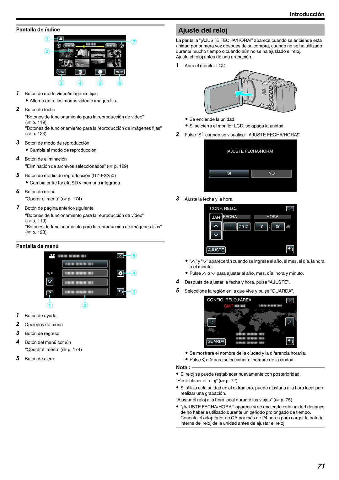 JVC GZ-EX210 manual Ajuste del reloj, Ajuste la fecha y la hora 