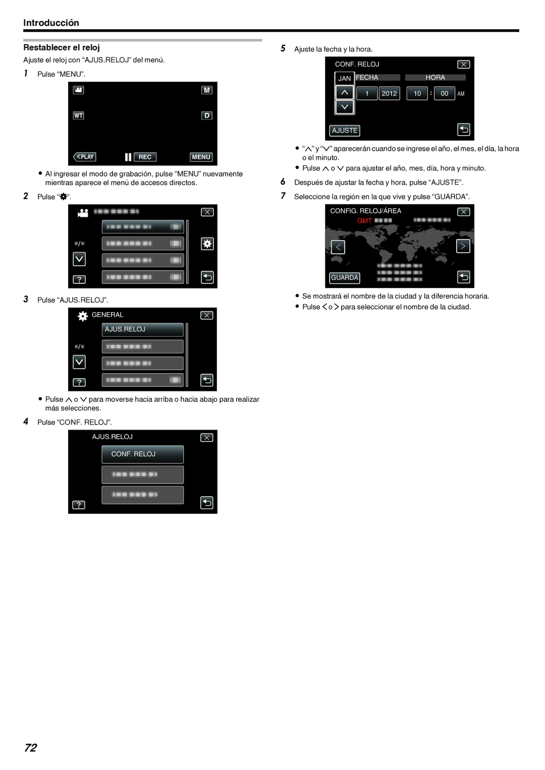 JVC GZ-EX210 manual Restablecer el reloj, Ajuste el reloj con AJUS.RELOJ del menú Pulse Menu 