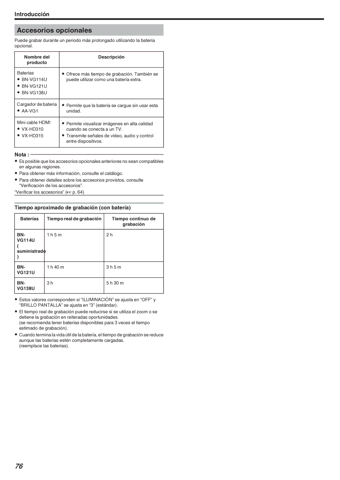 JVC GZ-EX210 manual Accesorios opcionales, Tiempo aproximado de grabación con batería 
