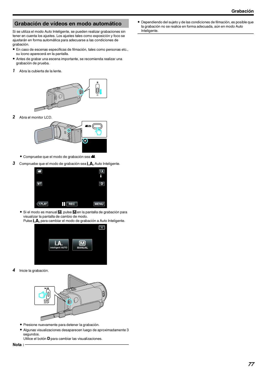 JVC GZ-EX210 manual Grabación de vídeos en modo automático 