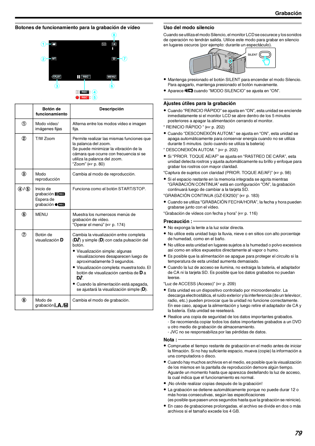 JVC GZ-EX210 Botones de funcionamiento para la grabación de vídeo, Uso del modo silencio, Ajustes útiles para la grabación 