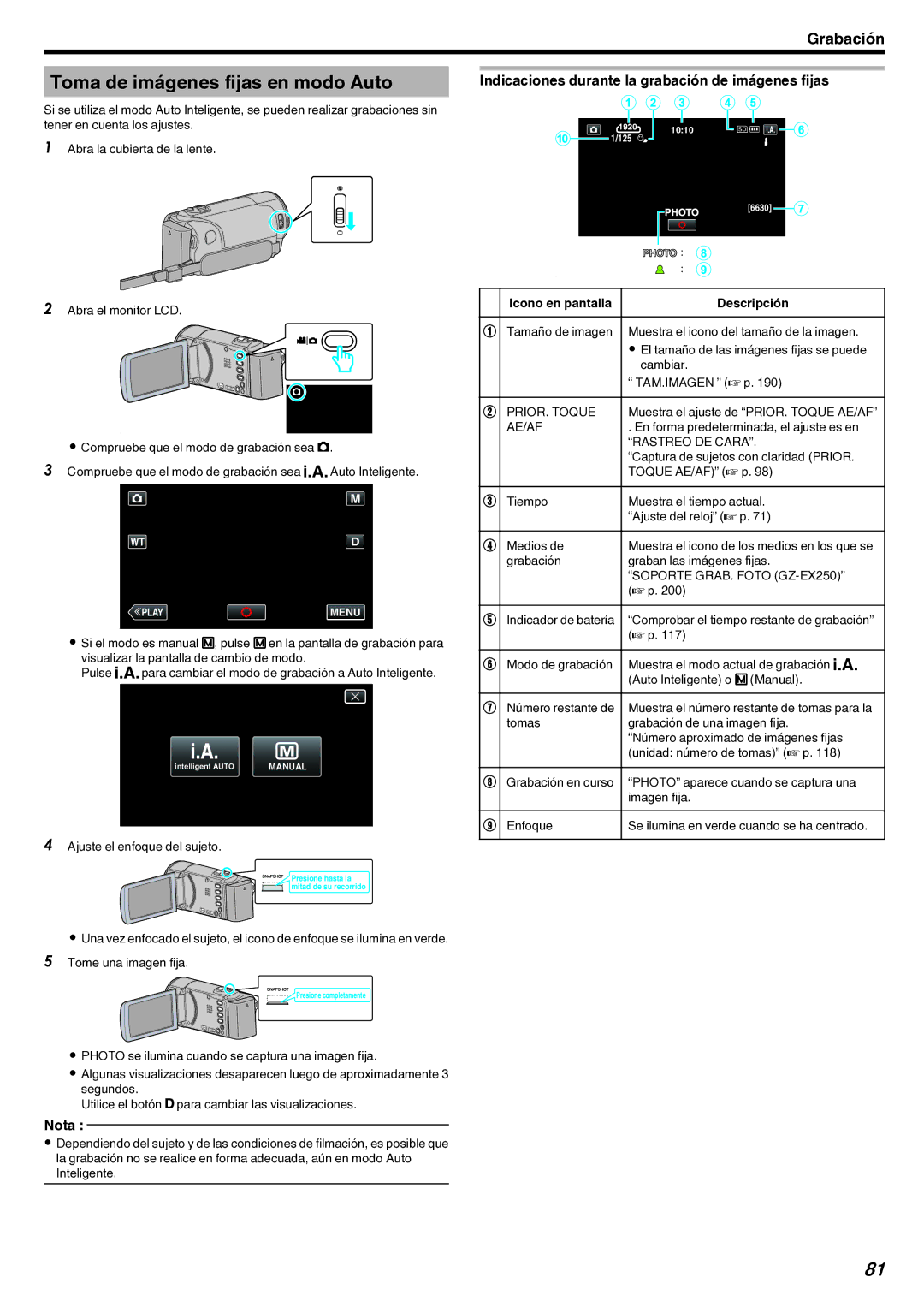 JVC GZ-EX210 manual Toma de imágenes fijas en modo Auto, Indicaciones durante la grabación de imágenes fijas 