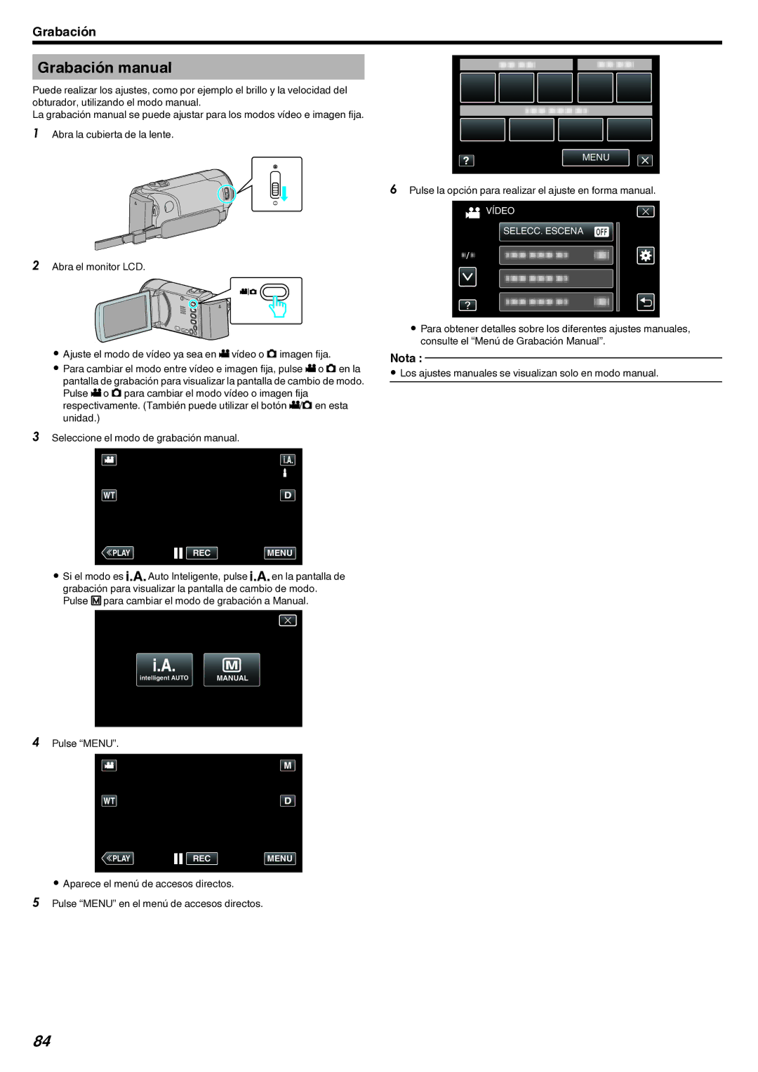 JVC GZ-EX210 Grabación manual, Pulse la opción para realizar el ajuste en forma manual 