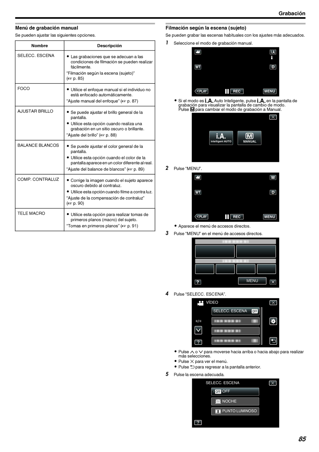 JVC GZ-EX210 Menú de grabación manual, Filmación según la escena sujeto, Nombre Descripción 