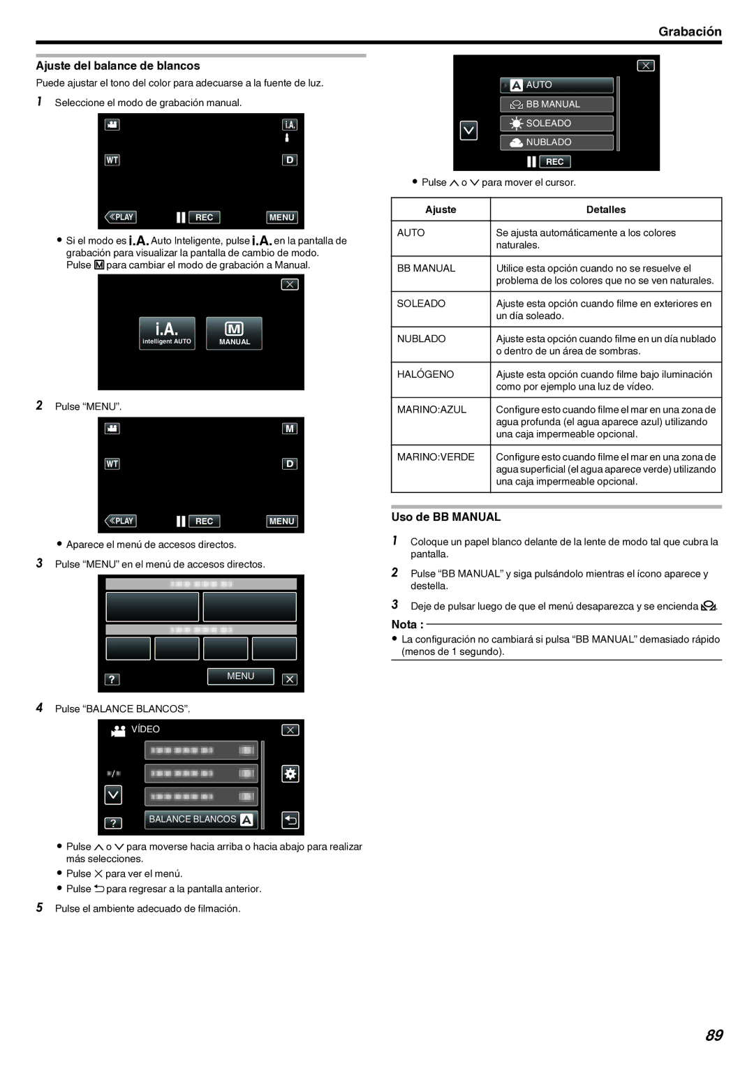 JVC GZ-EX210 manual Ajuste del balance de blancos, Uso de BB Manual 