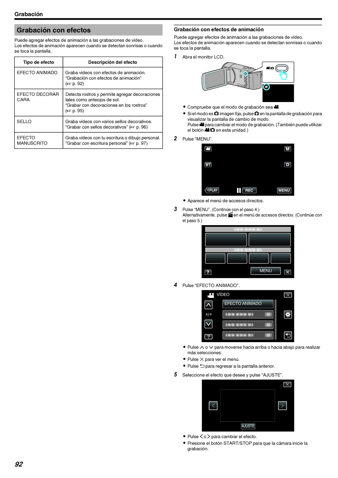 JVC GZ-EX210 manual Grabación con efectos de animación, Tipo de efecto Descripción del efecto 