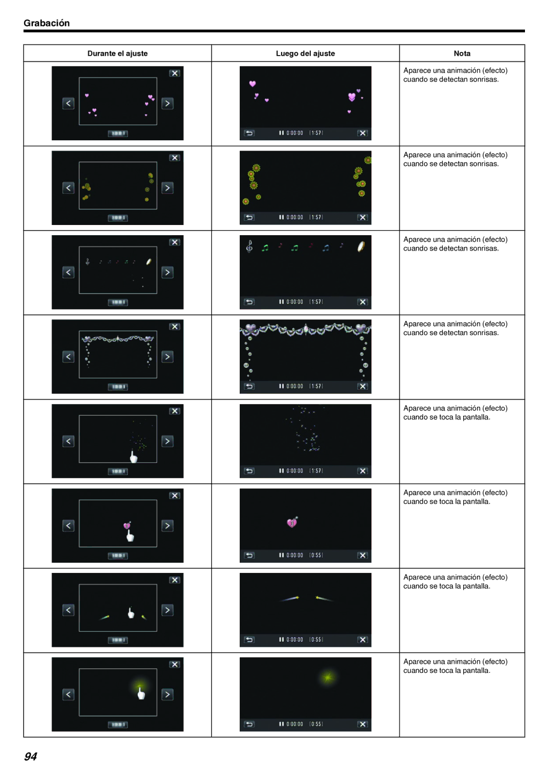 JVC GZ-EX210 manual Durante el ajuste Luego del ajuste Nota, Aparece una animación efecto, Cuando se detectan sonrisas 