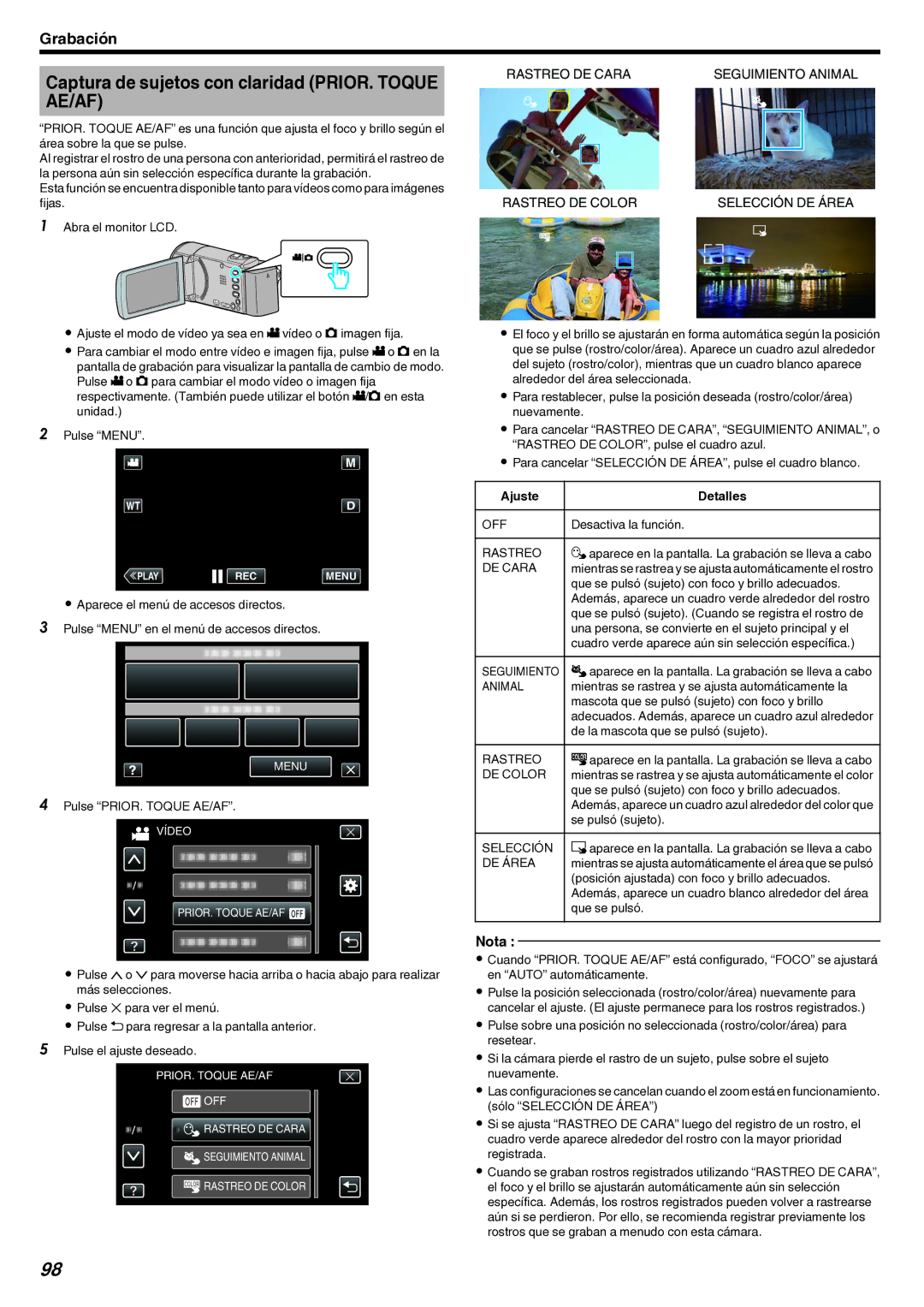 JVC GZ-EX210 manual Captura de sujetos con claridad PRIOR. Toque AE/AF 