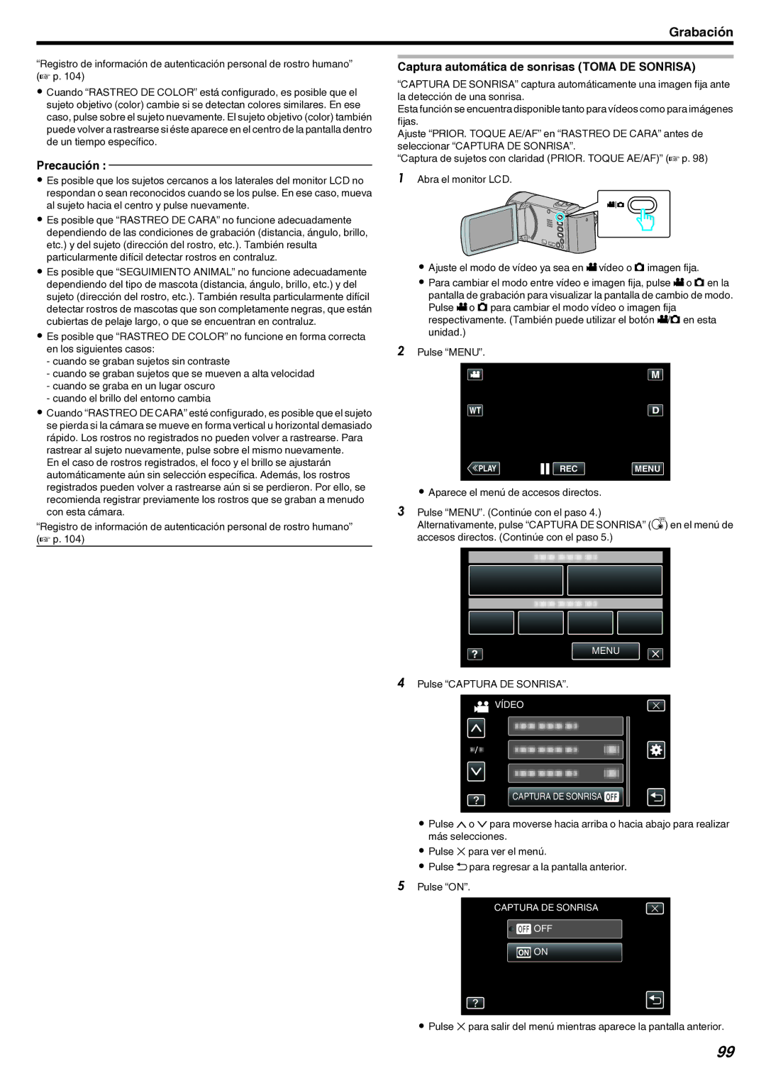 JVC GZ-EX210 manual Captura automática de sonrisas Toma DE Sonrisa, Pulse Captura DE Sonrisa 