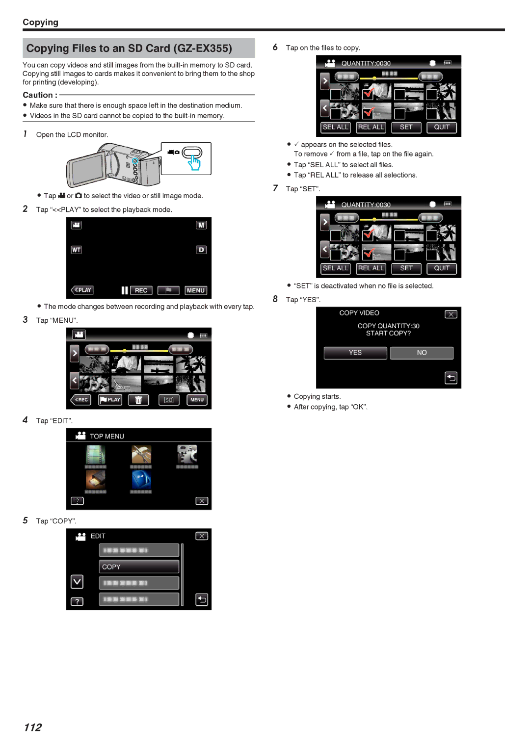 JVC GZ-EX310, GZ-E300 manual Copying Files to an SD Card GZ-EX355, 112 